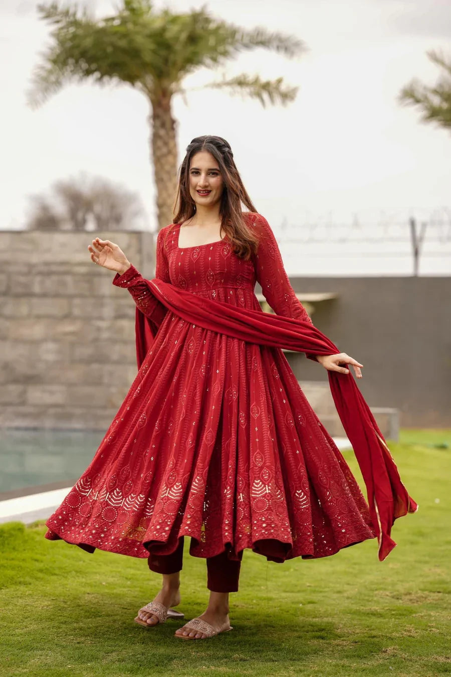 RED EMBROIDERED GEORGETTE BASE ANARKALI WITH CHURIDAR AND DUPATTA - SET OF 3
